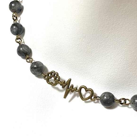 Natural Dark Larvikite Necklace, Bronze Paw Print Heart Beat + Genuine Gemstone - Picture 1 of 14